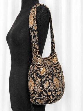 👜 Vera Bradley Quilted Tote Bag | Black Tan Paisley Floral | Large Zip Top